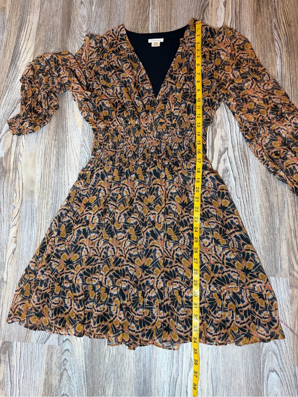 Shoshanna Smocked Waist Black/Brown Floral V-Neck Dress Long Sleeve Size 8 - Picture 9 of 10